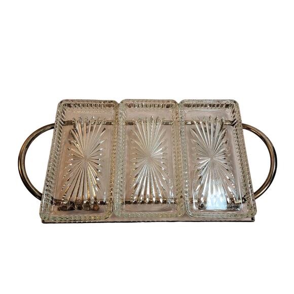 Vintage Silver Plate and 3-Piece Crystal Serving Tray Buffet Party Holidays - Picture 1 of 5
